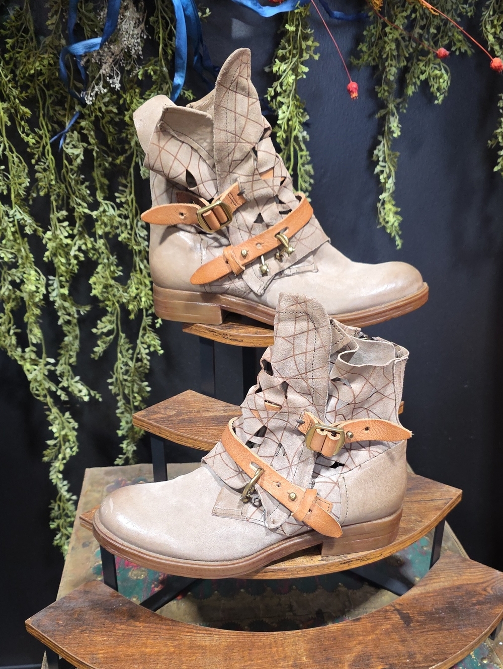 A.S.98 Taupe Ankle Boots with Tan Buckle Straps